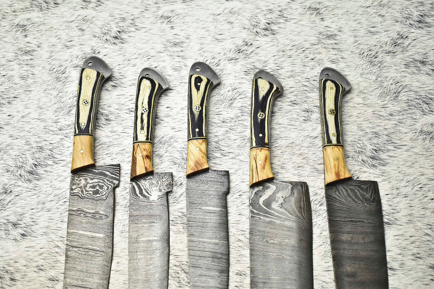 Lot of 5 Handmade Damascus Hammered Full Tang Chef Knife Set – Hardwood Handles