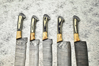 Lot of 5 Handmade Damascus Hammered Full Tang Chef Knife Set – Hardwood Handles