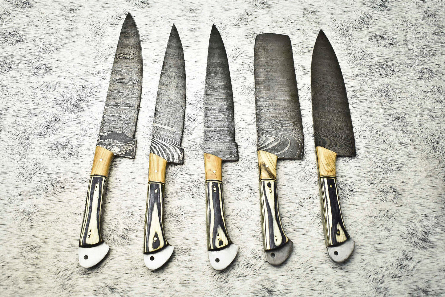 Lot of 5 Handmade Damascus Hammered Full Tang Chef Knife Set – Hardwood Handles