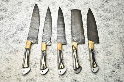 Lot of 5 Handmade Damascus Hammered Full Tang Chef Knife Set – Hardwood Handles