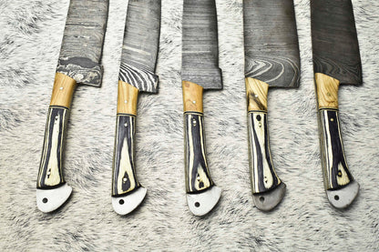 Lot of 5 Handmade Damascus Hammered Full Tang Chef Knife Set – Hardwood Handles