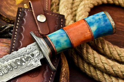 13" Custom Damascus Steel Bowie Knife with Camel Bone Handle & Leather Sheath