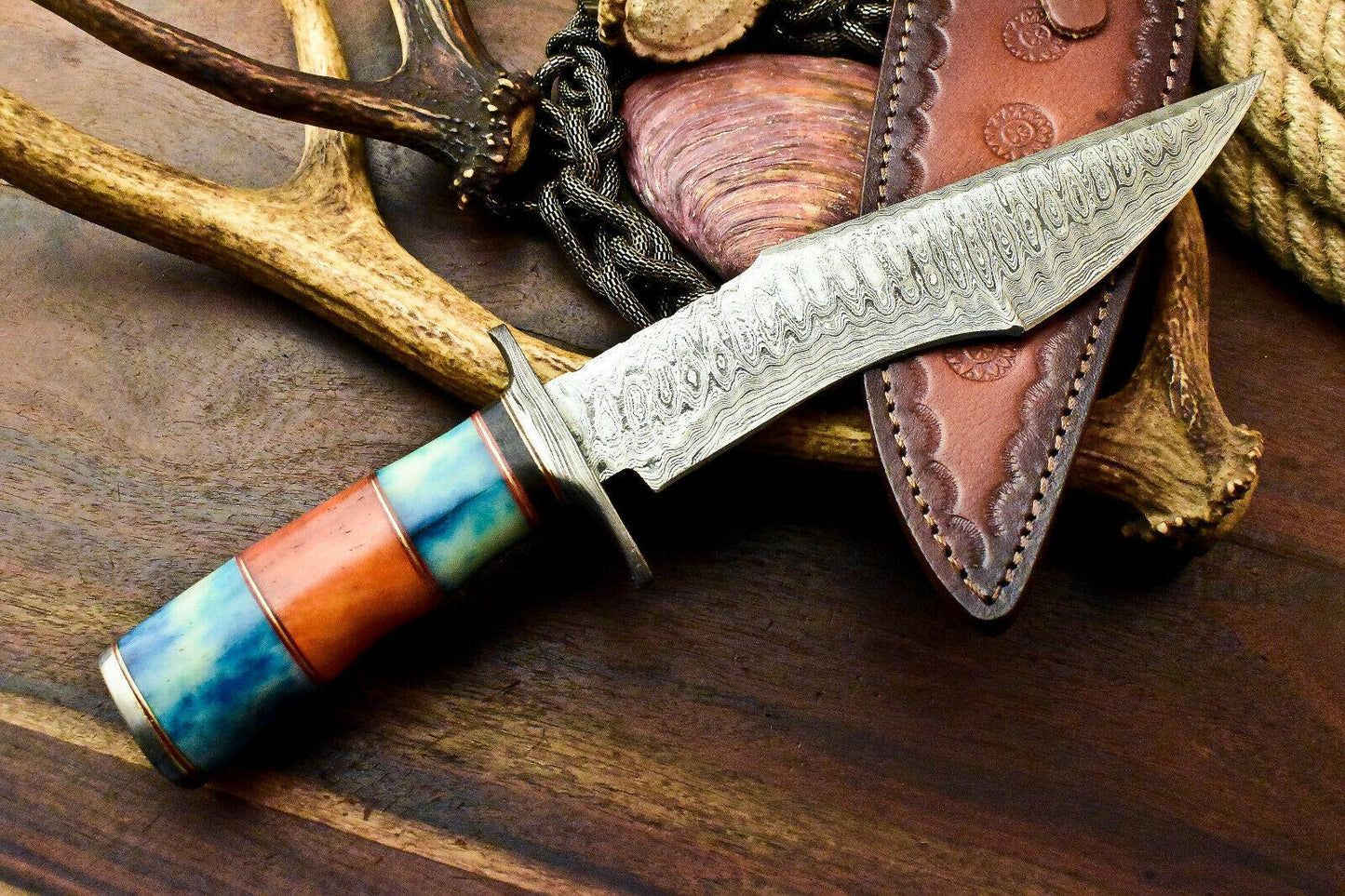 13" Custom Damascus Steel Bowie Knife with Camel Bone Handle & Leather Sheath