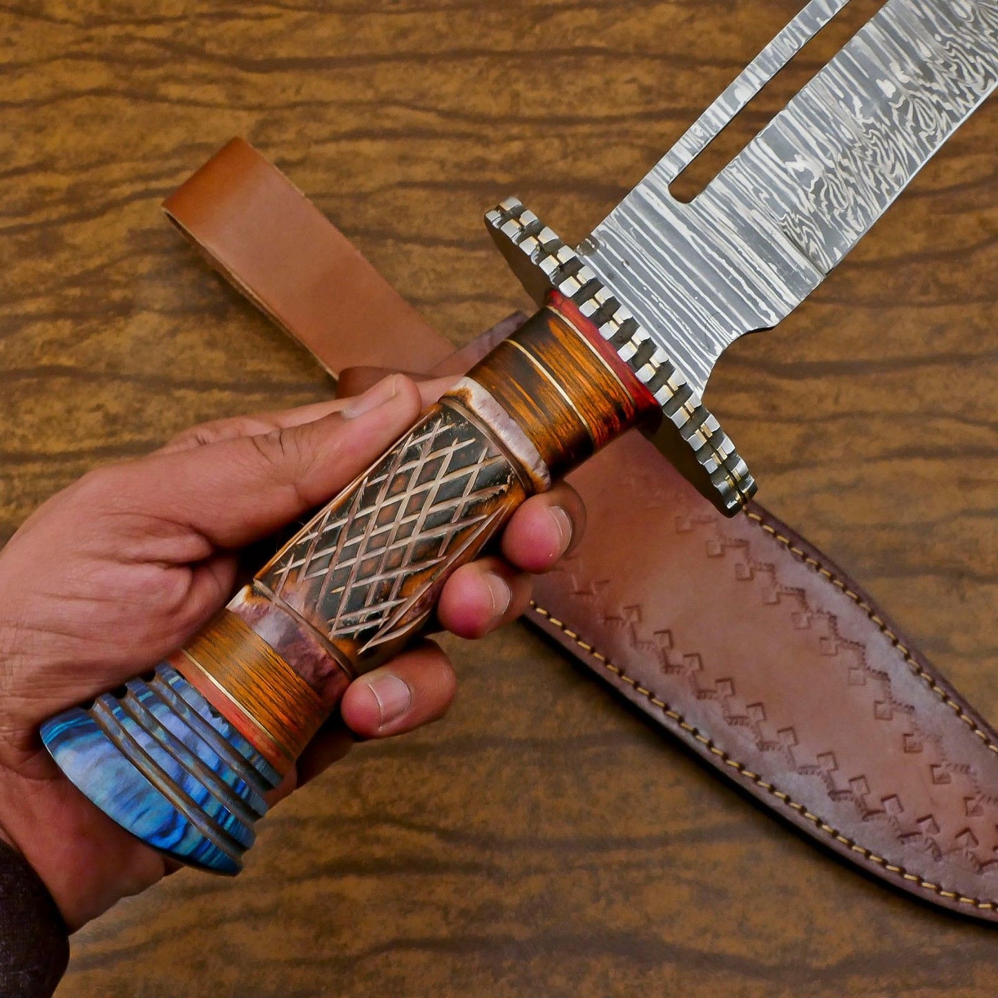 Heritage Forge Custom Forged Damascus Steel Bowie Hunting Knife Bone and Wood Handle