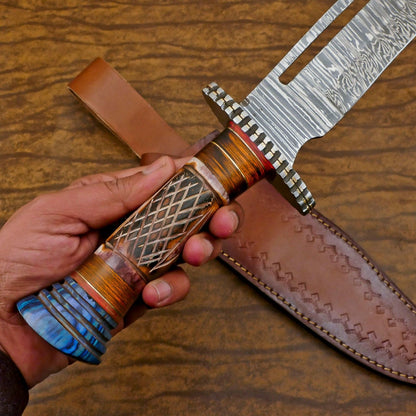 Heritage Forge Custom Forged Damascus Steel Bowie Hunting Knife Bone and Wood Handle