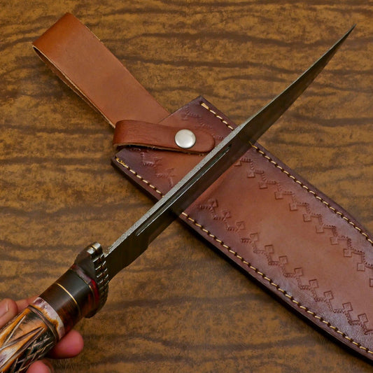 Heritage Forge Custom Forged Damascus Steel Bowie Hunting Knife Bone and Wood Handle