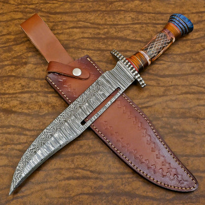 Heritage Forge Custom Forged Damascus Steel Bowie Hunting Knife Bone and Wood Handle