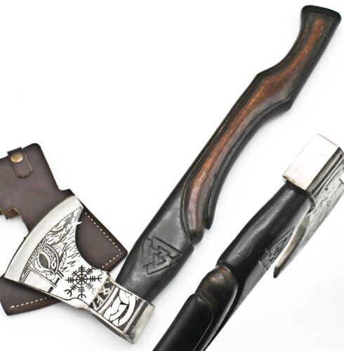 Hand Forged Etched Carbon Steel Viking Tribal Axe 19 Inch with Black Ashwood Handle and Leather Sheath