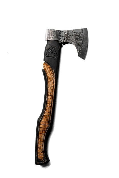 Hand Forged Etched Carbon Steel Viking Tribal Axe 19 Inch with Black Ashwood Handle and Leather Sheath