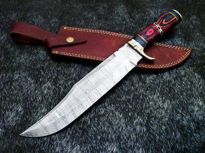 Handmade Damascus Bowie Hunting Knife – Hard Wood Handle