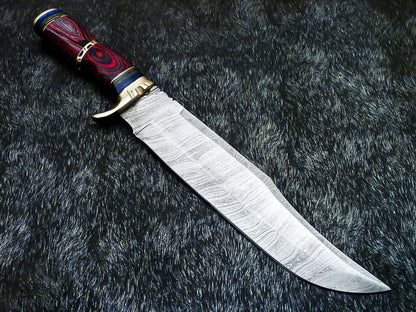 Handmade Damascus Bowie Hunting Knife – Hard Wood Handle