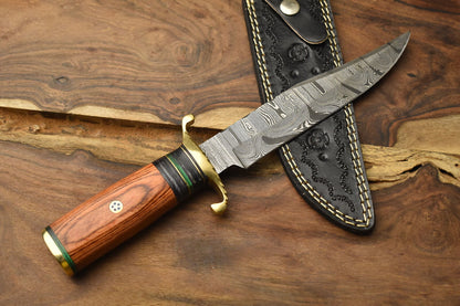 12 Inch Forged Damascus Bowie Knife with Hardwood Handle and Brass Guard