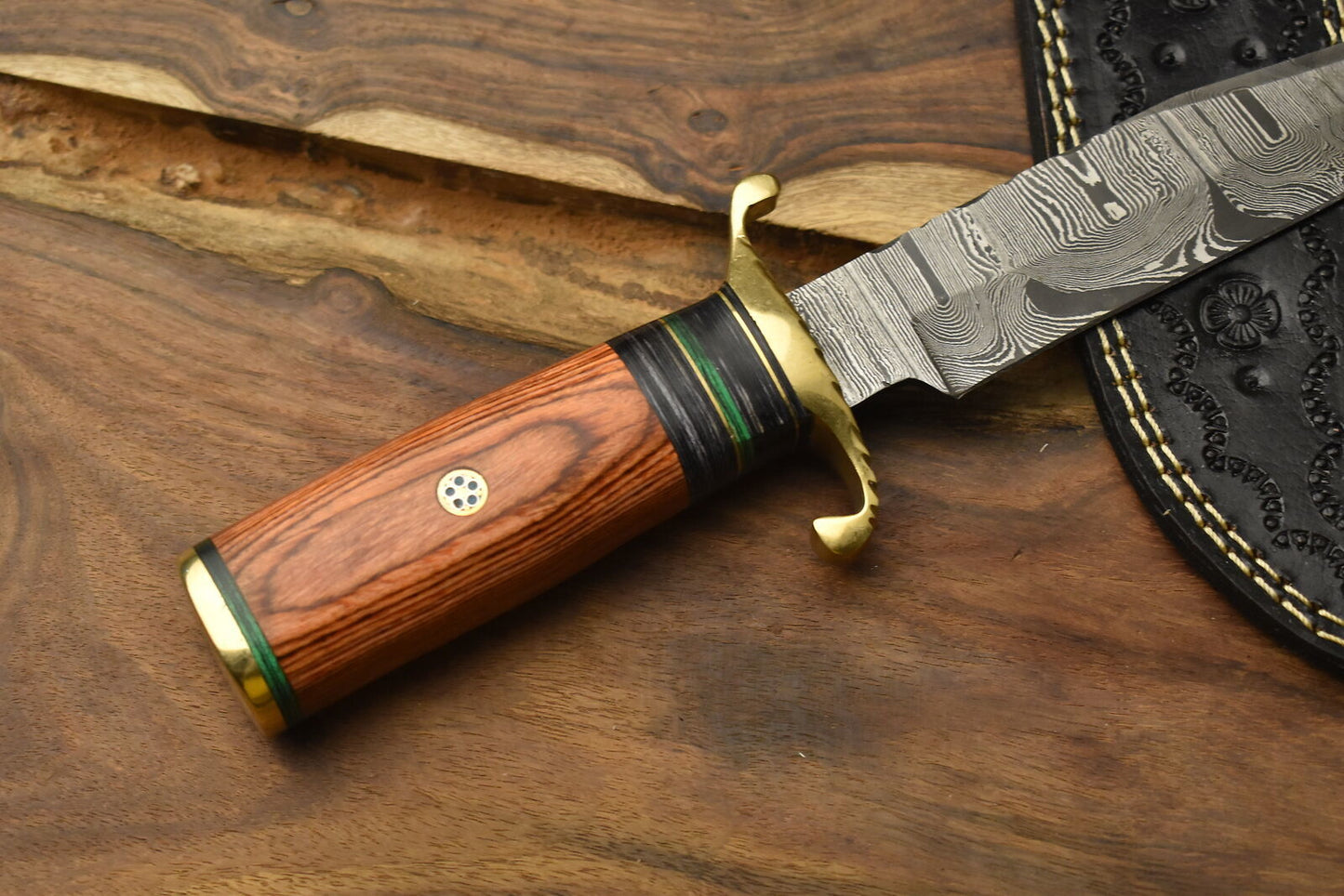 12 Inch Forged Damascus Bowie Knife with Hardwood Handle and Brass Guard
