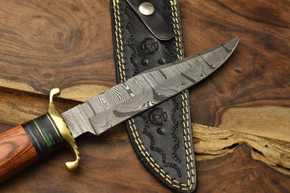 12 Inch Forged Damascus Bowie Knife with Hardwood Handle and Brass Guard