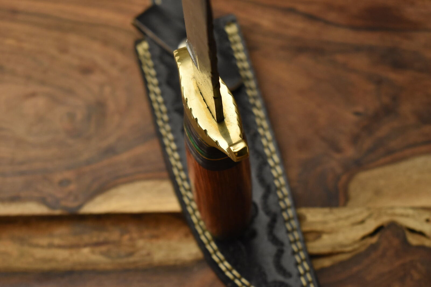 12 Inch Forged Damascus Bowie Knife with Hardwood Handle and Brass Guard