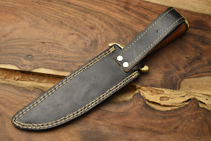 12 Inch Forged Damascus Bowie Knife with Hardwood Handle and Brass Guard