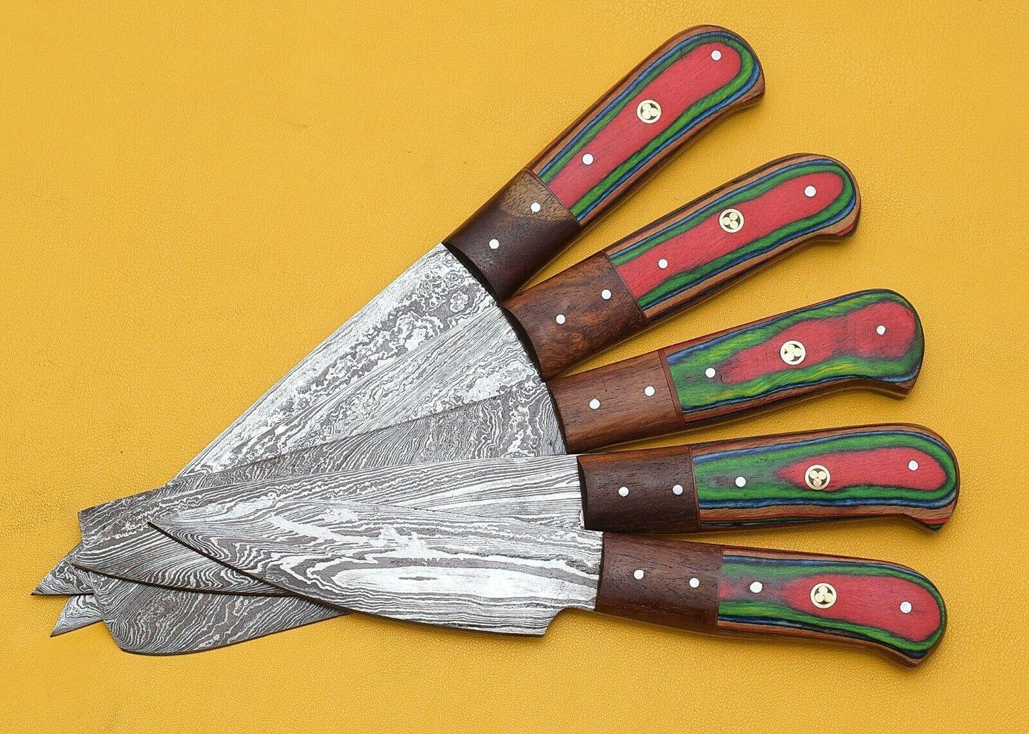4pcs Japanese Kitchen Chef Knife Set – Damascus Pattern, High Carbon Stainless Steel Blades with Color Wood Handle