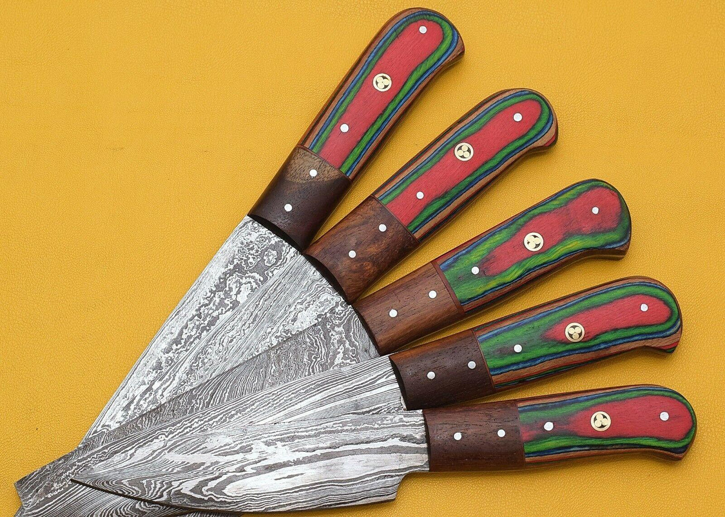 4pcs Japanese Kitchen Chef Knife Set – Damascus Pattern, High Carbon Stainless Steel Blades with Color Wood Handle
