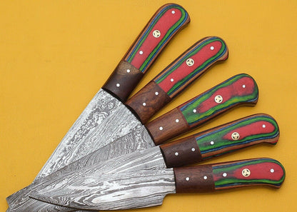 4pcs Japanese Kitchen Chef Knife Set – Damascus Pattern, High Carbon Stainless Steel Blades with Color Wood Handle