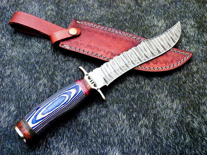 Damascus Steel Bowie Knife – 13 Inch Handmade Hunting Blade with Hardwood Handle