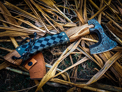Custom Handmade Carbon Steel Hunting Axe with Ash Wood Handle and Leather Sheath