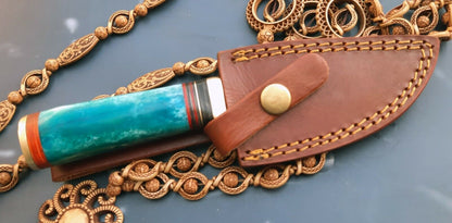 8" Custom Damascus Steel Hunting Knife with Camel Bone Handle – Bushcraft Skinner Knife