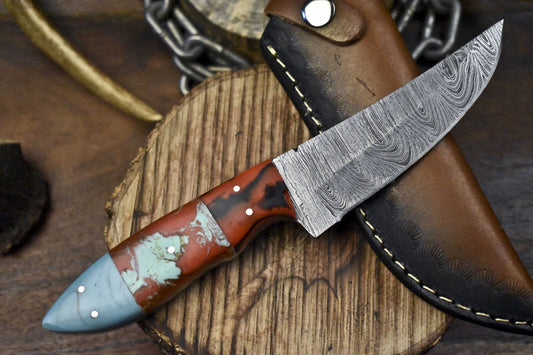 Twist Damascus Skinner Knife with Corian Handle and Micarta Bolster – Custom Forged for Camping