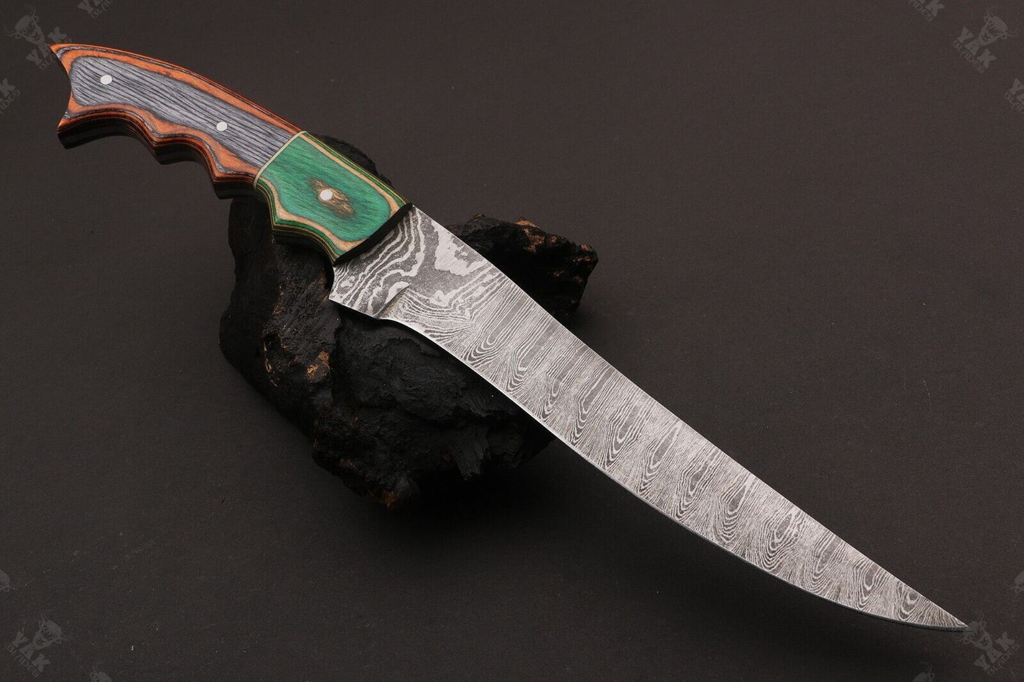 12.5" Damascus Fillet Knife Damascus Steel Fillet Knife With Pakka Wood Handle With Leather Sheath