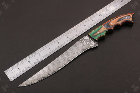 12.5" Damascus Fillet Knife Damascus Steel Fillet Knife With Pakka Wood Handle With Leather Sheath