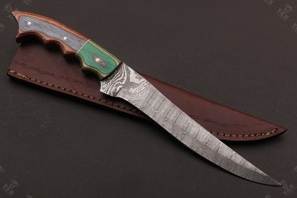 12.5" Damascus Fillet Knife Damascus Steel Fillet Knife With Pakka Wood Handle With Leather Sheath