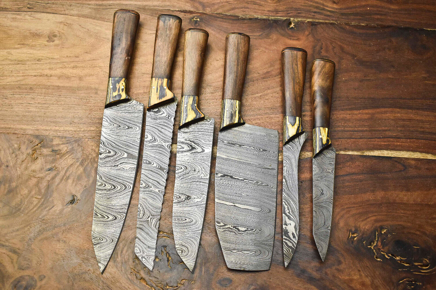 Custom Lot Of 6 Handmade Hammered Damascus Steel Blade Chef Set Knife