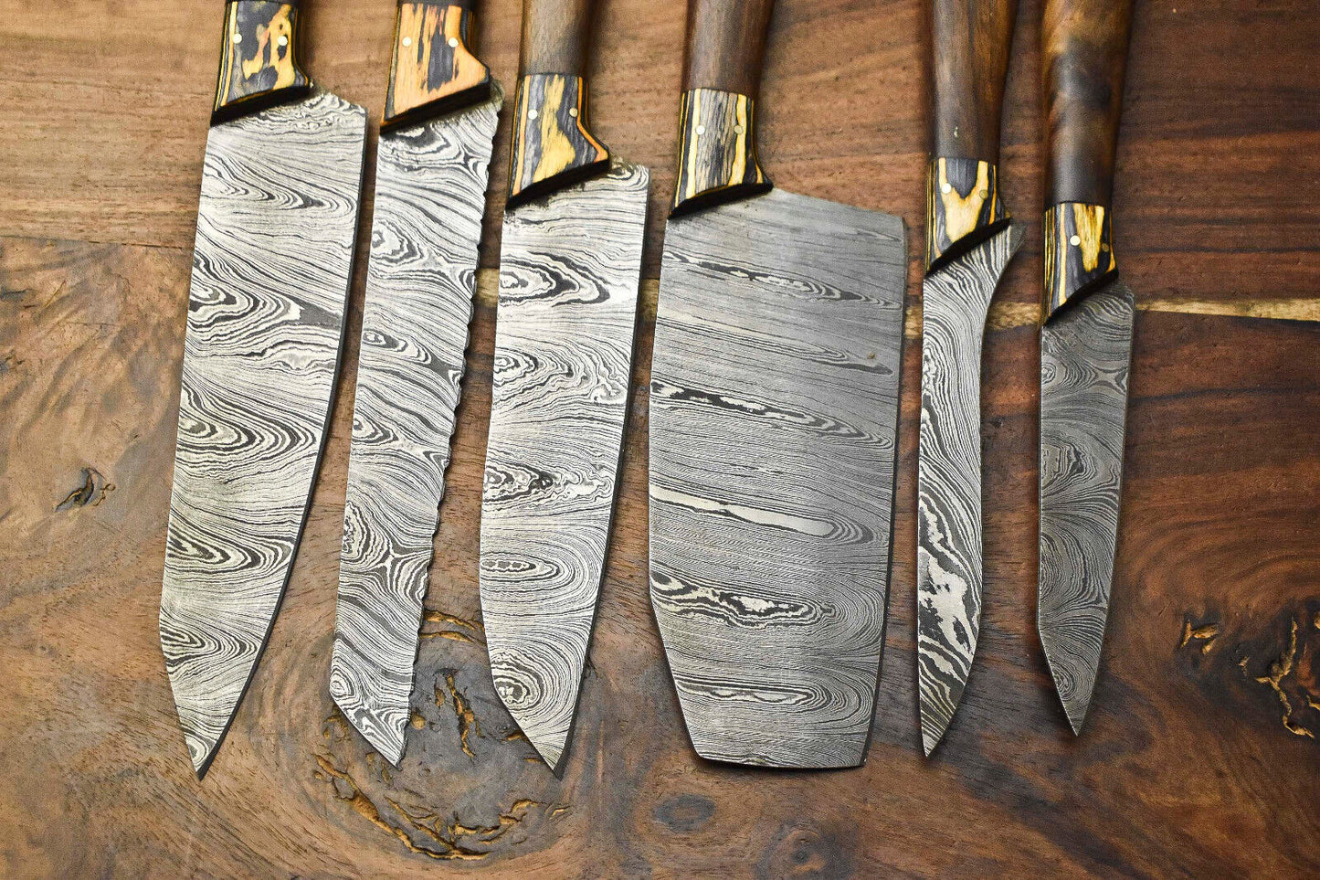 Custom Lot Of 6 Handmade Hammered Damascus Steel Blade Chef Set Knife