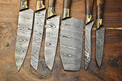 Custom Lot Of 6 Handmade Hammered Damascus Steel Blade Chef Set Knife