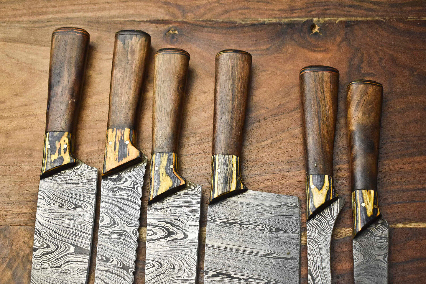 Custom Lot Of 6 Handmade Hammered Damascus Steel Blade Chef Set Knife