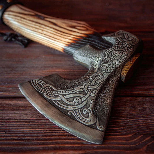 Hand Forged Ragnar Lothbrok Viking Axe Valhalla Carbon Steel Bearded Battle Hatchet with Leather Sheath