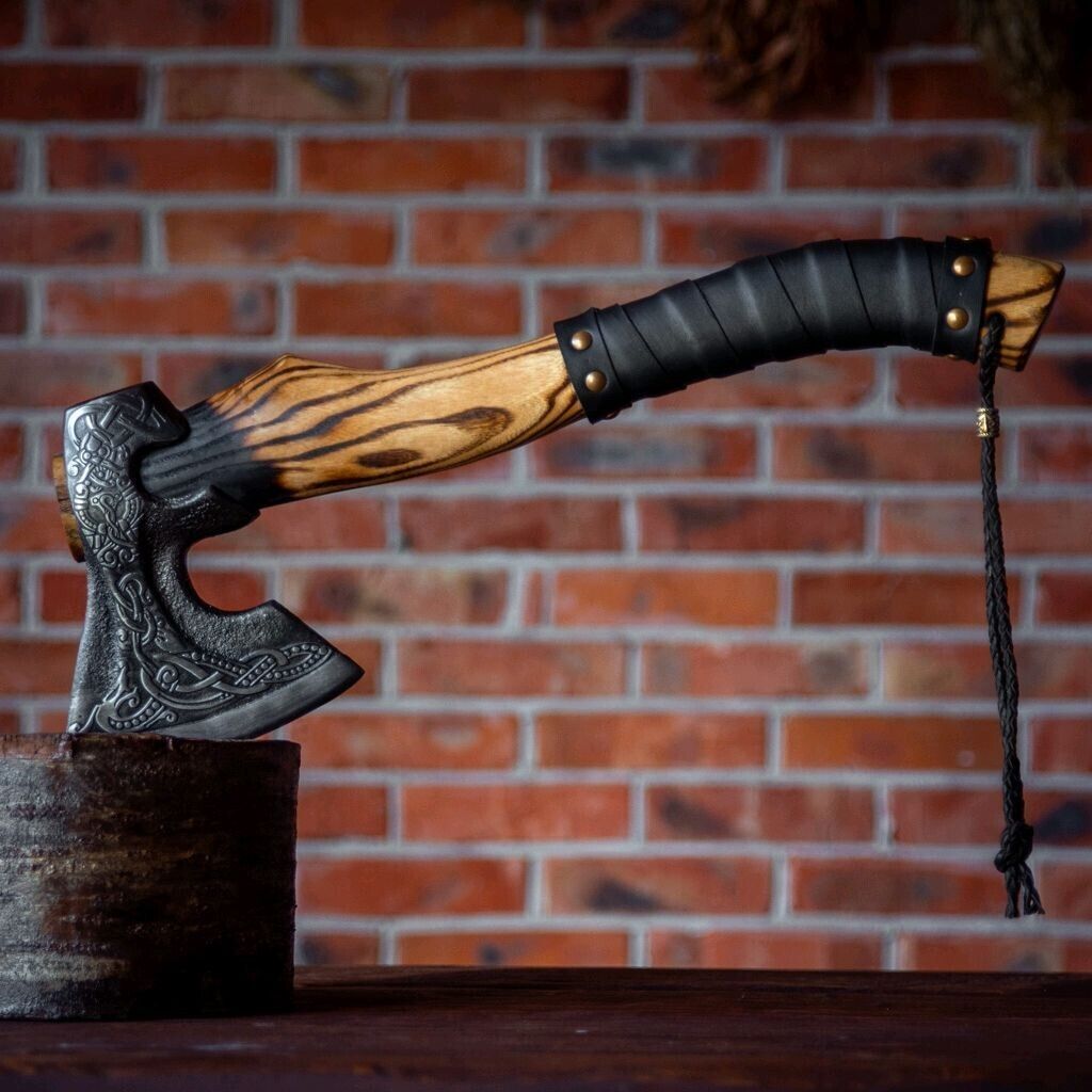 Hand Forged Ragnar Lothbrok Viking Axe Valhalla Carbon Steel Bearded Battle Hatchet with Leather Sheath