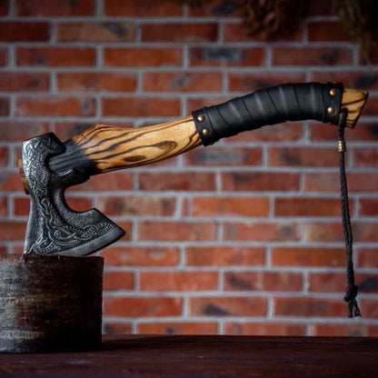 Hand Forged Ragnar Lothbrok Viking Axe Valhalla Carbon Steel Bearded Battle Hatchet with Leather Sheath