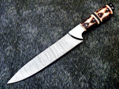 12" Professional Handmade Damascus Steel Chef Knife with Camel Bone Handle – Engraved