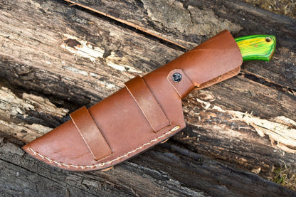 10" Custom Handmade Damascus Tracker Knife – Full Tang Blade, Hardwood Handle, Leather Sheath