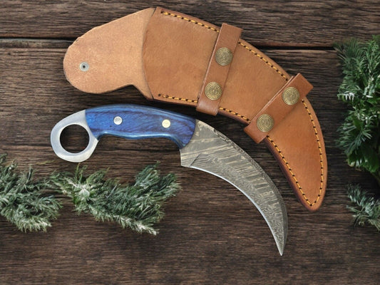 9.5” Handmade Damascus Karambit Knife Premium Pakka Wood Handle With Sheath