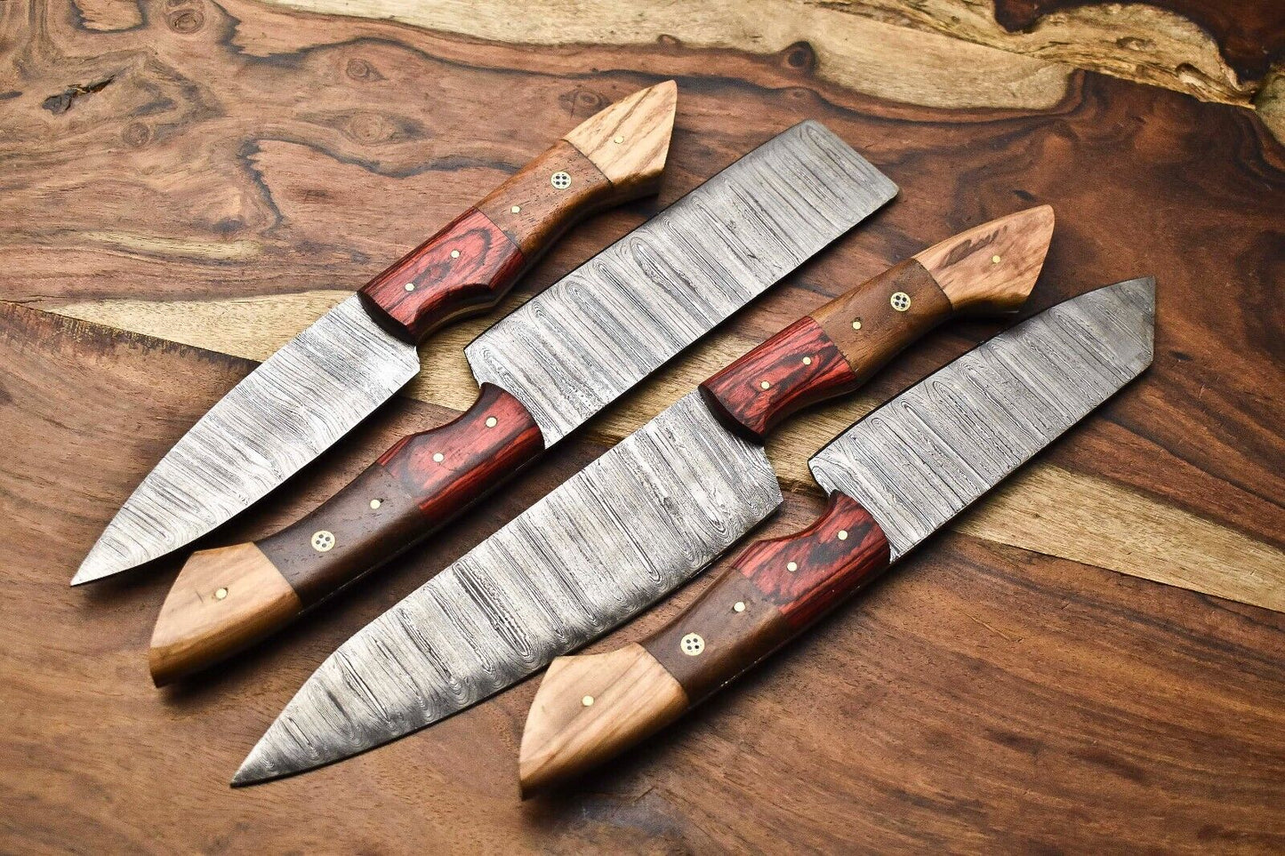 Lot of 4 Handmade Damascus Steel Chef Knife Set | 384 Layers | Hardwood Handle