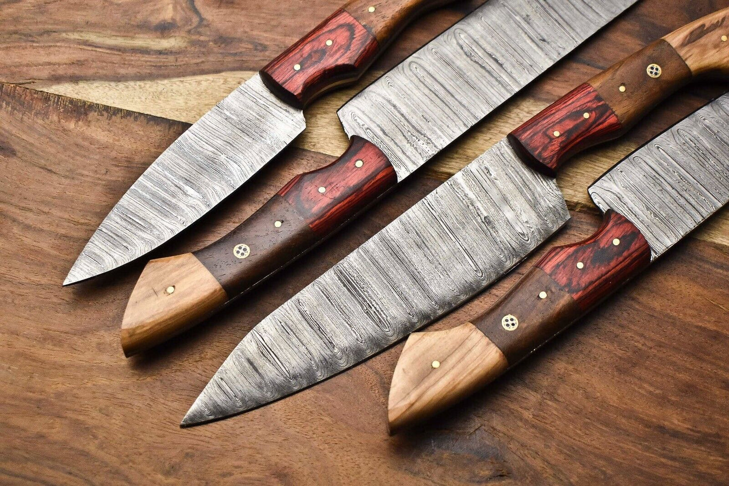 Lot of 4 Handmade Damascus Steel Chef Knife Set | 384 Layers | Hardwood Handle