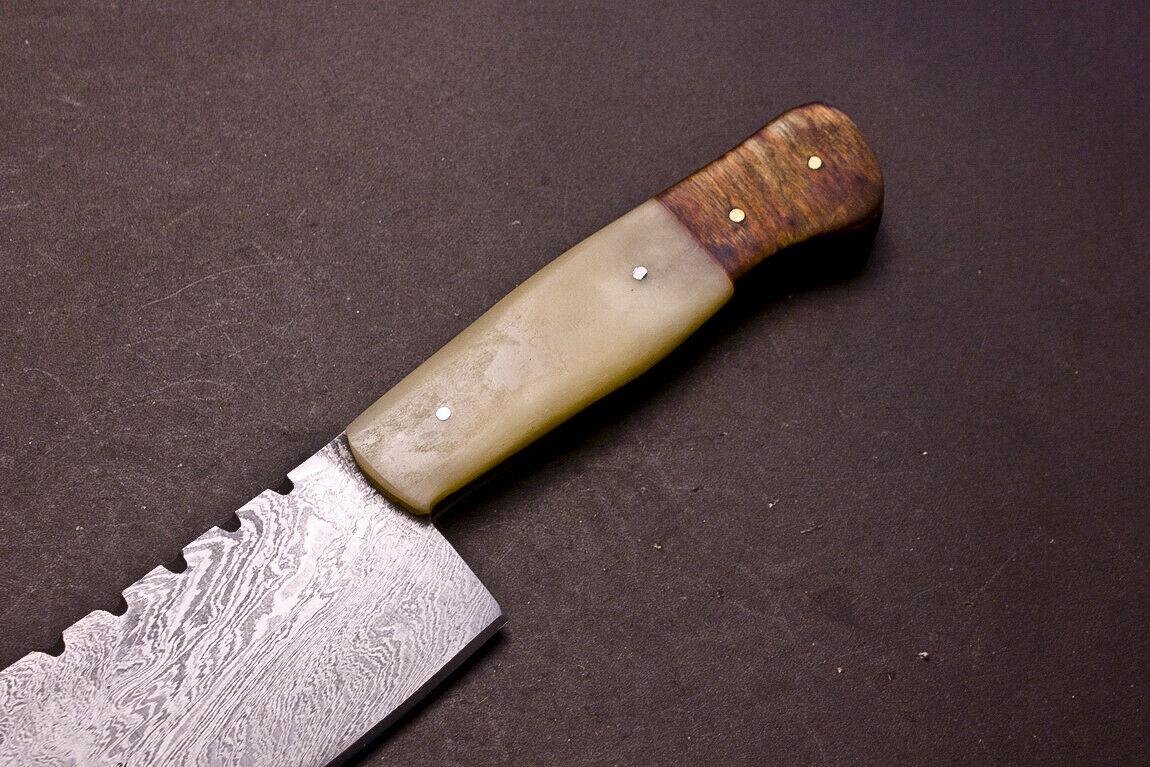 Custom Hand Forged Damascus Kitchen Chef Knife with Camel Bone & Hardwood Handle
