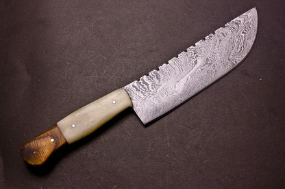 Custom Hand Forged Damascus Kitchen Chef Knife with Camel Bone & Hardwood Handle
