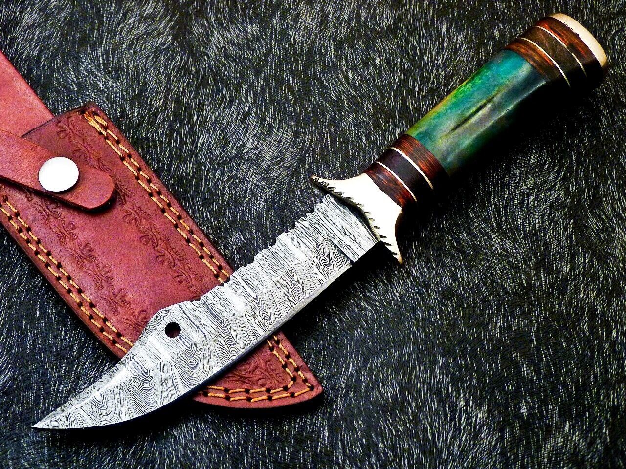 Heritage Forge 10 Inch Handmade Damascus Steel Camping Bowie Knife with Camel Bone and Hardwood Handle