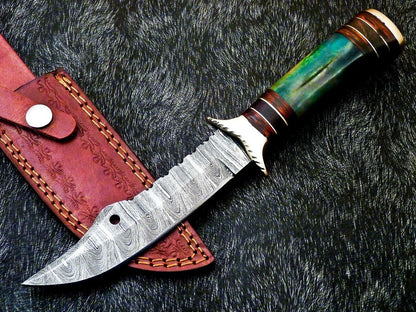 Heritage Forge 10 Inch Handmade Damascus Steel Camping Bowie Knife with Camel Bone and Hardwood Handle
