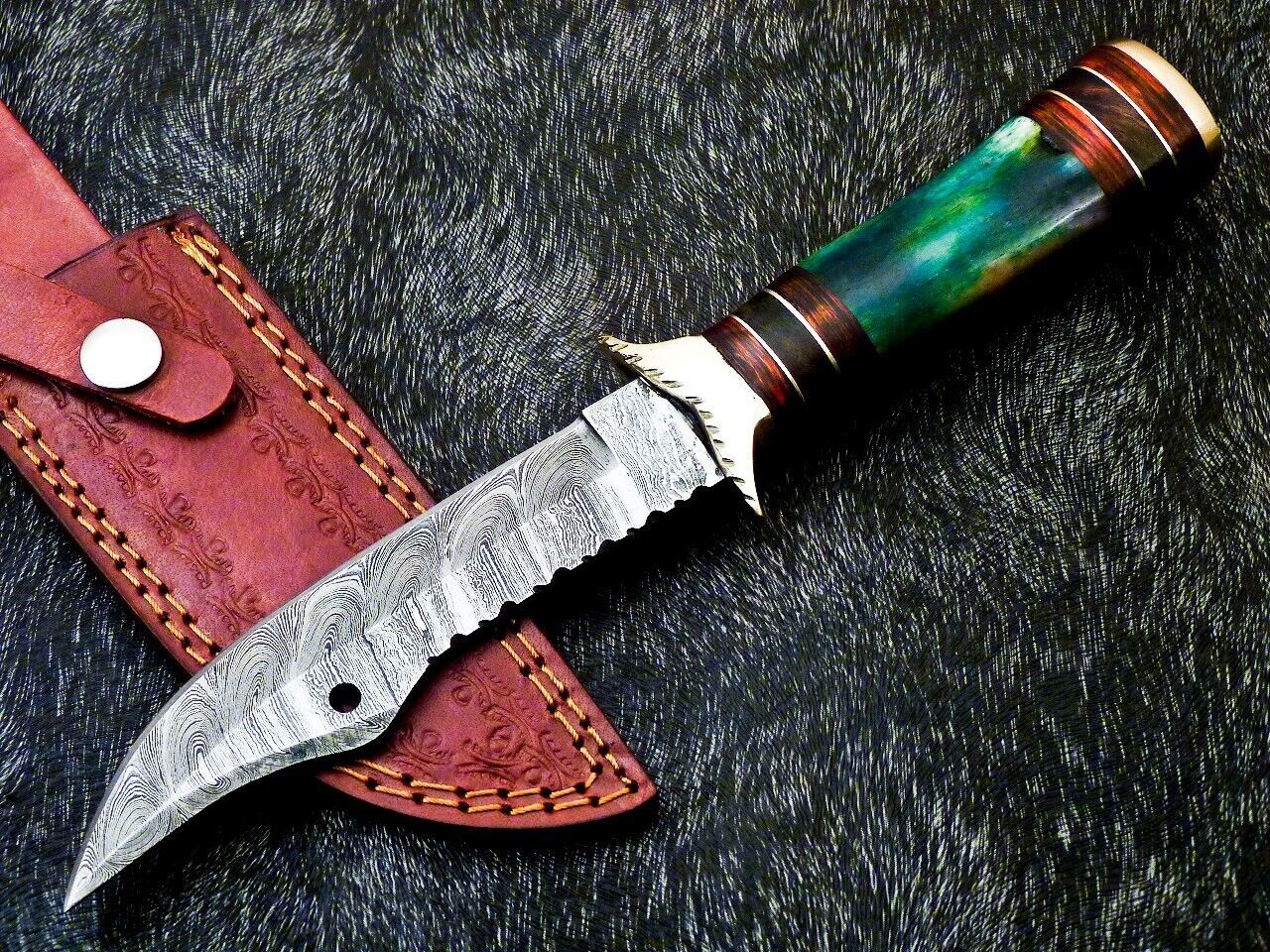 Heritage Forge 10 Inch Handmade Damascus Steel Camping Bowie Knife with Camel Bone and Hardwood Handle