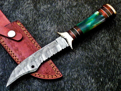 Heritage Forge 10 Inch Handmade Damascus Steel Camping Bowie Knife with Camel Bone and Hardwood Handle
