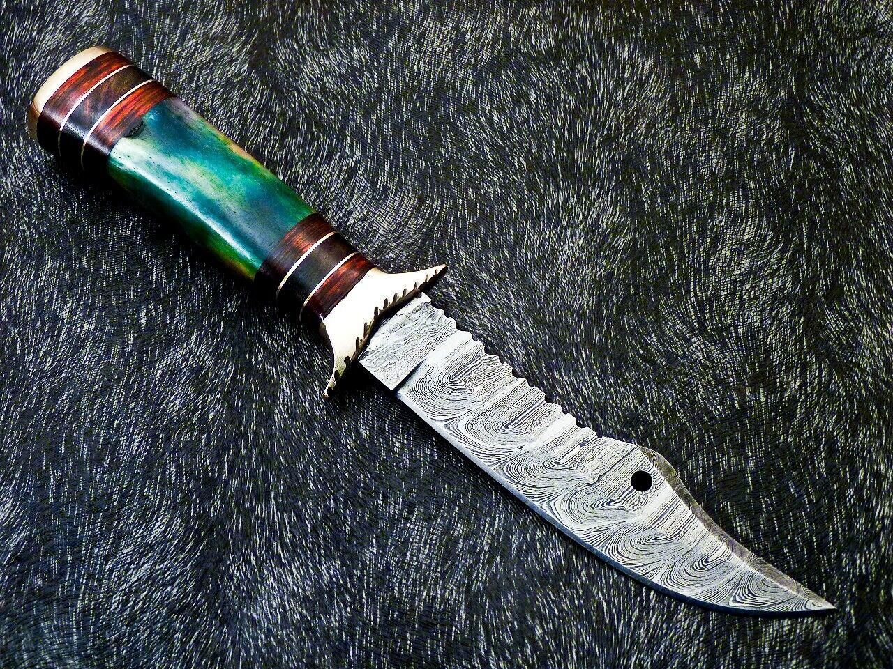 Heritage Forge 10 Inch Handmade Damascus Steel Camping Bowie Knife with Camel Bone and Hardwood Handle