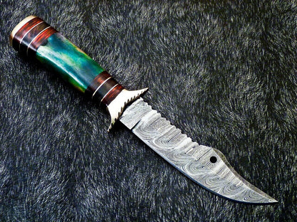 Heritage Forge 10 Inch Handmade Damascus Steel Camping Bowie Knife with Camel Bone and Hardwood Handle